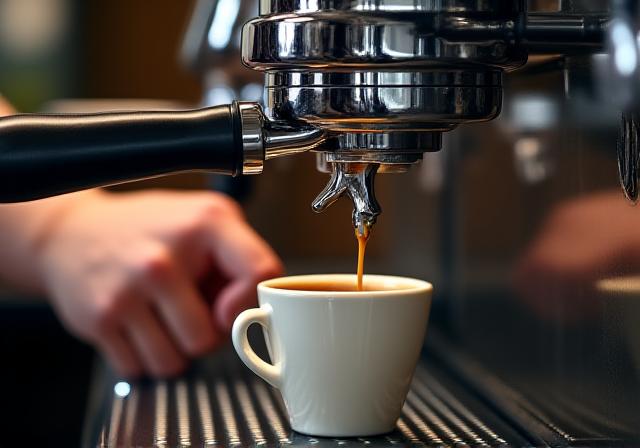 Barista preparando un café espresso con máquina profesional