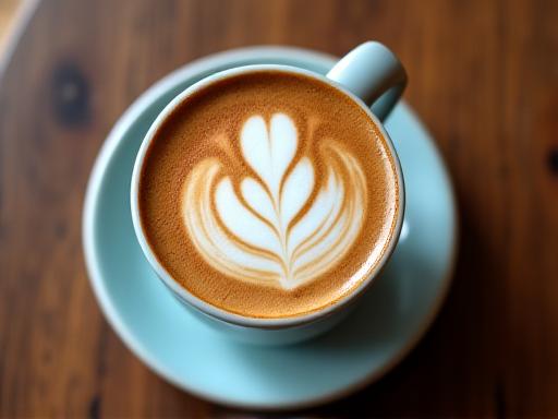 Cappuccino cremoso con arte latte en taza de cerámica sobre mesa de madera